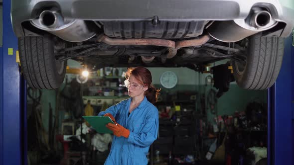 Female Auto Mechanic Working Under a Car in a Garage alt
