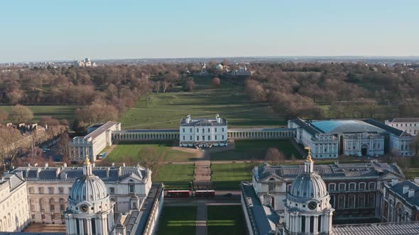 Low drone shot over university of greenwich queen house and observatory alt