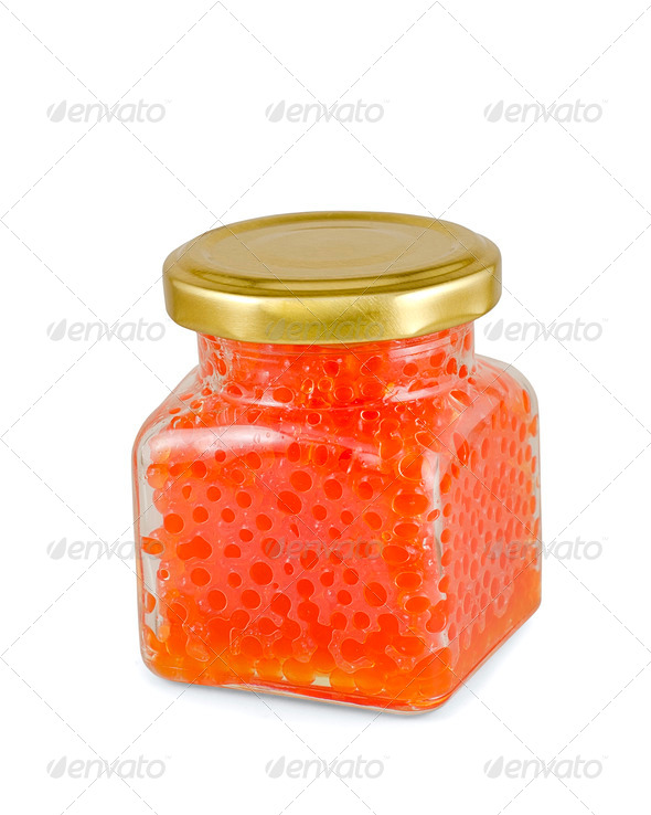 Red caviar in glass jar - Stock Photo - Images