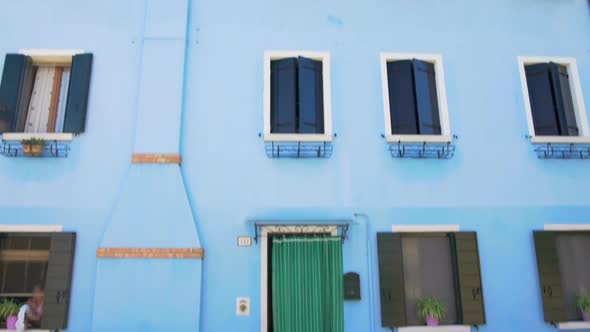 Panorama of Wonderful Blue House in Burano, Neighborhood, Doll-Like Building alt
