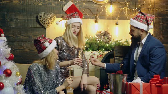 Funny Group Celebration New Year. Christmas Party. Friends Preparation Xmas.