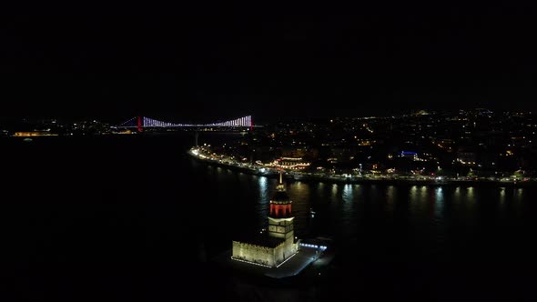 Aerial view of Maiden's Tower in Istanbul at night