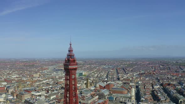 Stunning aerial view, footage of Blackpool Tower from the sea of the award winning Blackpool beach, alt