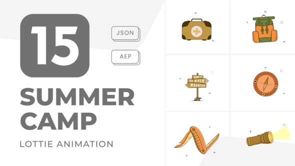 15 Summer Camp Animation Icons. Set Bundle of Camping Tools Animated Elements template preview
