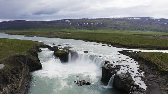 Flying Above the Godafoss Waterfall in Iceland alt