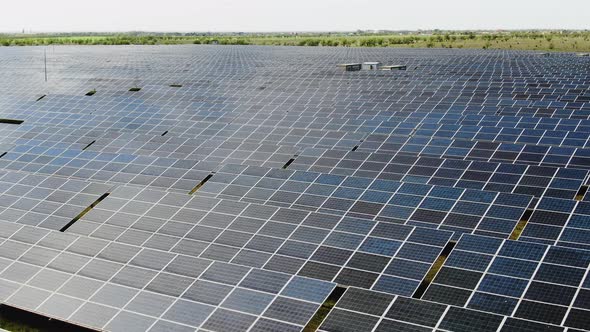 Solar Panels Quadrocopter Flight Over Field Panorama