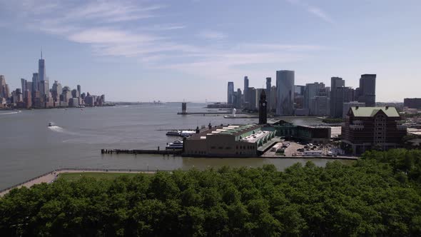 Aerial view towards the Hoboken NJ Transit Terminal, in sunny New Jersey, USA alt