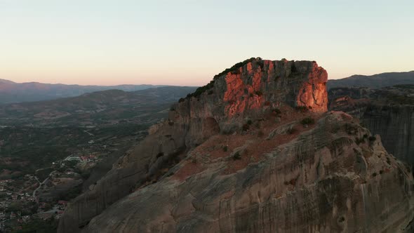 Mountain Monastery n Meteora at Sunset Aerial View