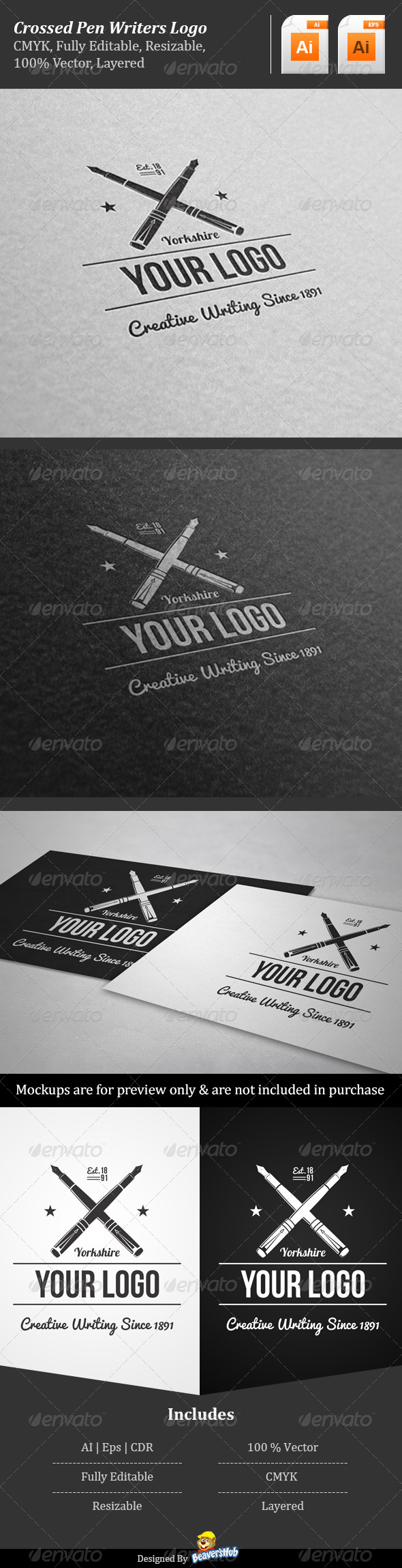 Crossed Pen Writers Logo - Objects Logo Templates