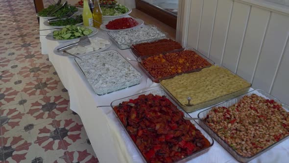 Open buffet with shiny look. Buffet restaurant, the hotel restaurant. Turkish or Arabic food