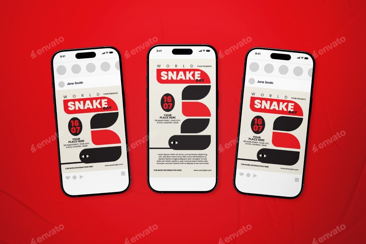 Red Black Bold Minimalism World Snake Day Flyer Set, Print Templates