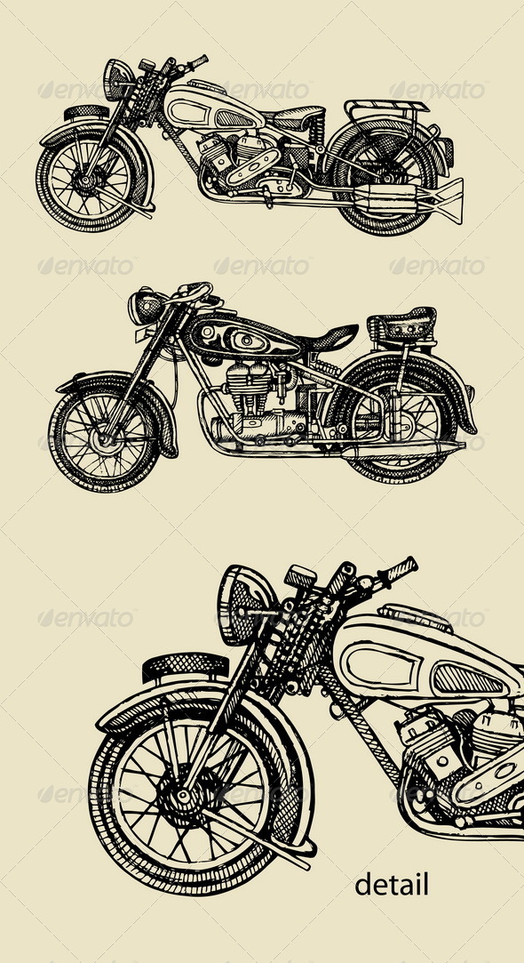 Classic Motorcycle Hand Drawing - Man-made Objects Objects