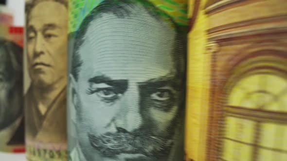 Foreign currency money exchange concept. Many banknotes of different nations. alt