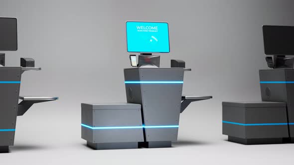 Self-service checkouts in the shop.Ready for scanning and paying for the items alt