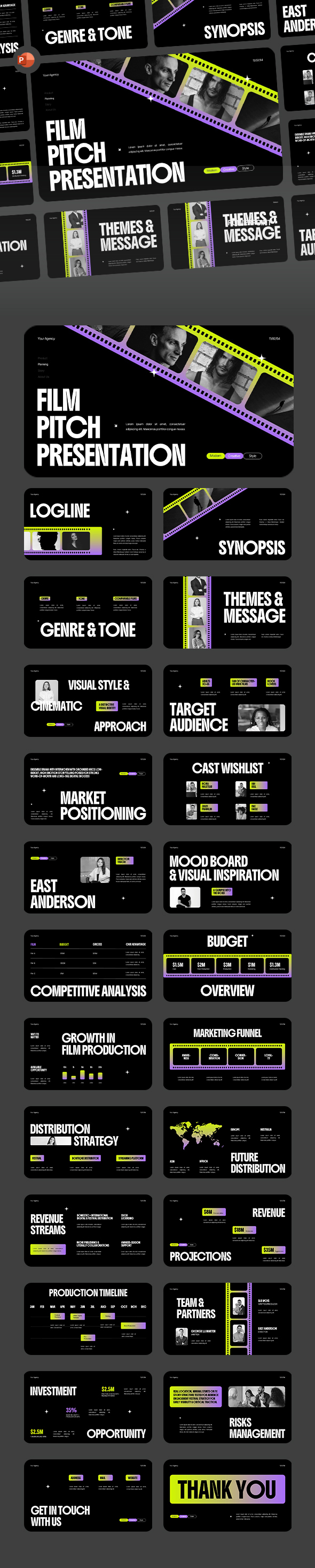 Black Yellow Purple Film Pitch Deck - Powerpoint