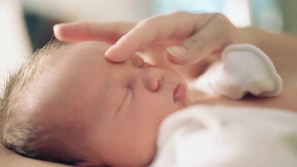 newborn baby close-up portrait lies mother's hand caressing the baby alt