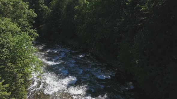 Aerial Drone Of Rushing Water Rapids Between Evergreen Trees 3