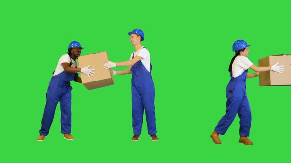 Workers Pass Each Other Boxes on a Green Screen Chroma Key