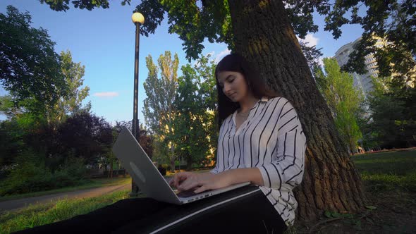 Freelancer Woman Working with Laptop Outdoor in Park Distance Working