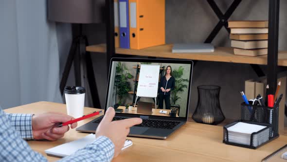 Businessman in Office Talk Top Manager Company Online Video Call Webcam Laptop alt