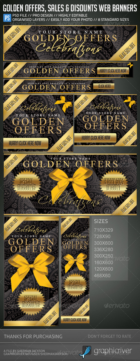 Golden Offers, Sales & Discounts Web Banners - Banners & Ads Web Elements