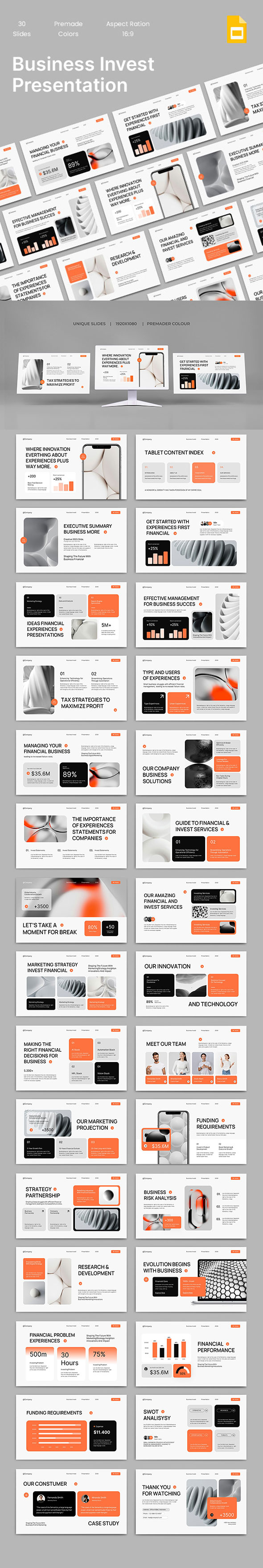 Black White Orange Modern Business Invest Google Slides