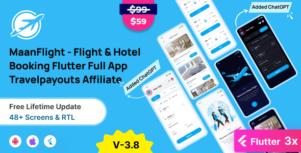 MaanFlight - Complete Flight & Hotel Booking Flutter App with Travel payouts Affiliate Integration
