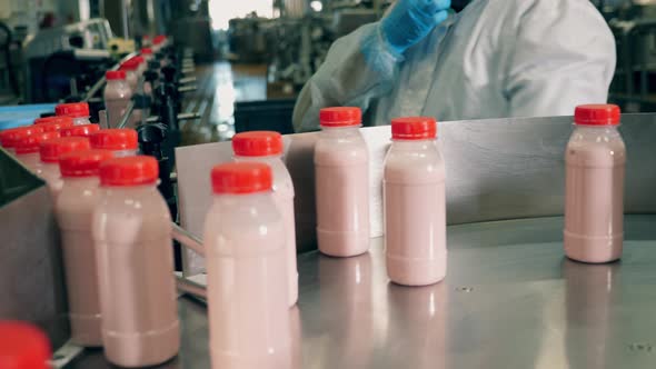 Food Packaging Process at a Food Factory Conveyor. Person Picks Bottled Yogurt From a Factory Line. alt