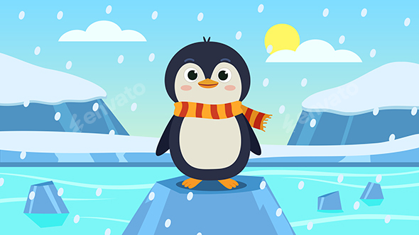 Cute Penguin Standing on Iceberg – Snowy Winter Arctic Vector Illustration