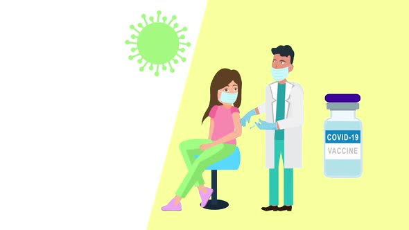 Covid 19 concept Male doctor gives a vaccine syringe to a female patient with alpha channel alt