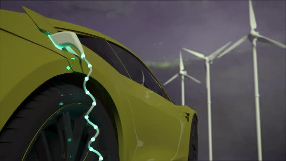 Generic electric yellow car charging with wind turbines in background