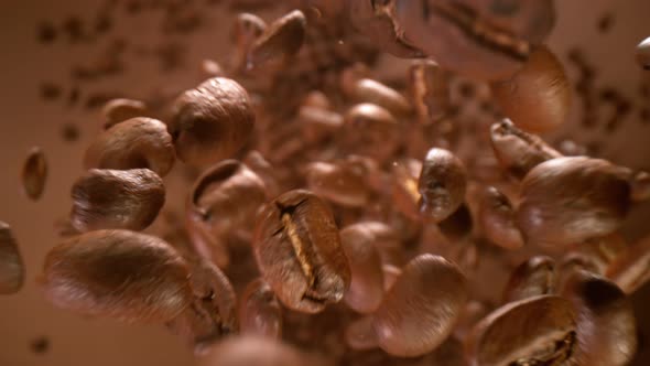 Super Slow Motion Detail Shot of Coffee Beans Falling Down on Brown Gradient Background at 1000Fps alt