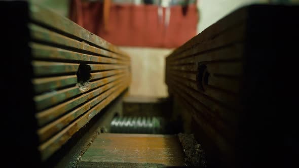 Old Rusty Vise on Workbench in the Obsolete Metal Rust, Macro Dolly Shot alt