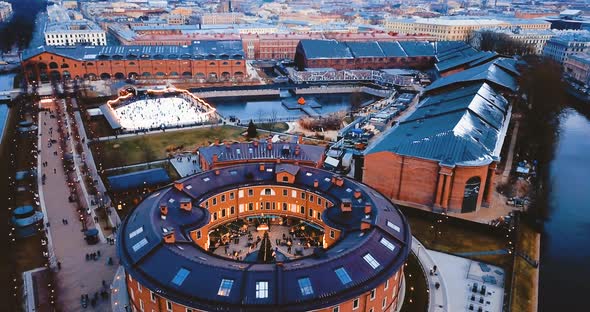 New Holland Island in St. Petersburg, Russia. Aerial View of Ancient European Brick Building in the