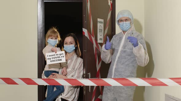 Doctor in Medical Suit Visiting Patient Entrance Corridor Sick Family of Mother and Child Girl Home alt