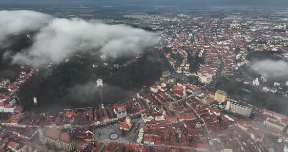 Aerial Urban Landscape of the City on an Autumn Sunny Foggy Day Carpathian BV