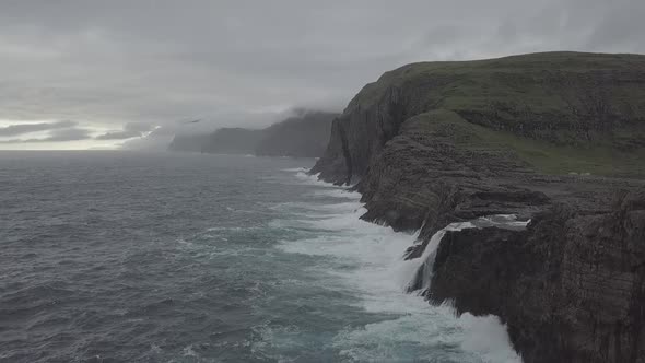 Bosdalafossur Waterfall, Sorvagsvatn, Traelanipan, Faroe Islands 4K Aerial Drone Footage