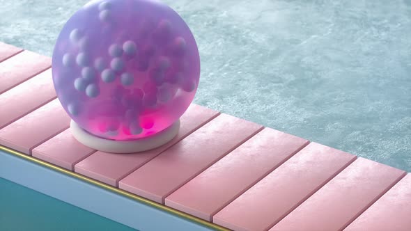 Automatic drill spiking gel globe with small balls moving on pink conveyor belt. Satisfying 3d loop alt