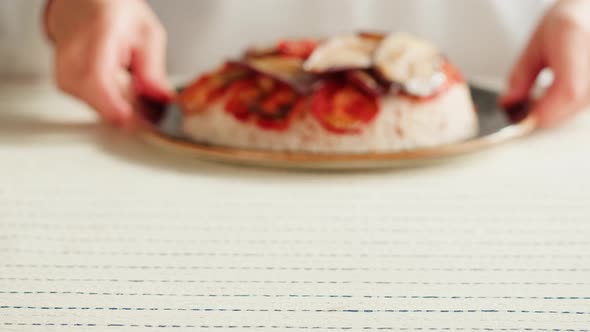 Maqluba Dish Closeup Rice and Vegetables Arabian National Traditional Food alt