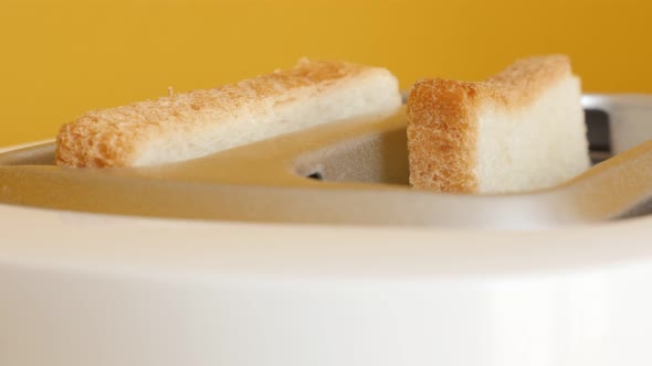 Bread pops up from electric toaster in front of yellow background 4K yellow alt