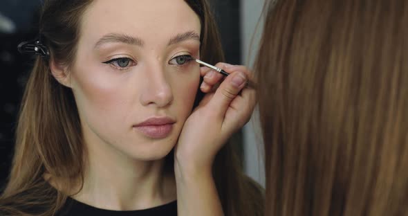 Closeup of Girl with Perfect Nude Makeup and Makeup Artist alt