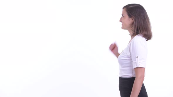 Profile View of Happy Beautiful Businesswoman Thinking alt