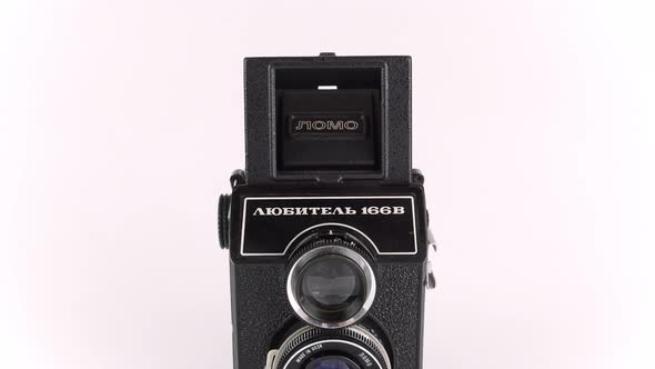Soviet Medium Format Double Lens Reflex Camera On White Background. 