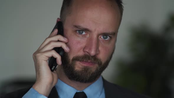 Bearded businessman on cellphone, talks and looks in the camera and smiles alt
