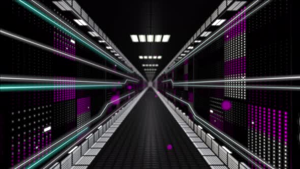 Digital information flows through the network and data servers in the server room alt