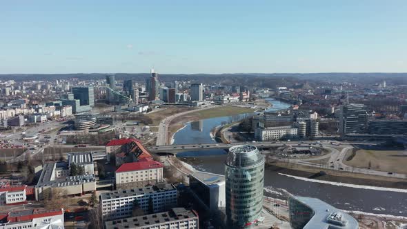 AERIAL: Vilnius City From Air on a Sunny Early Spring Day