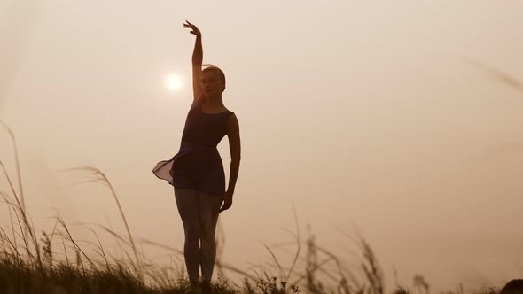 Young female dancer performs an exercise with hands background sky, front view. Ballerina is engaged alt