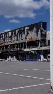Vertical Video of a Destroyed Shopping Mall During the War in Bucha Ukraine alt