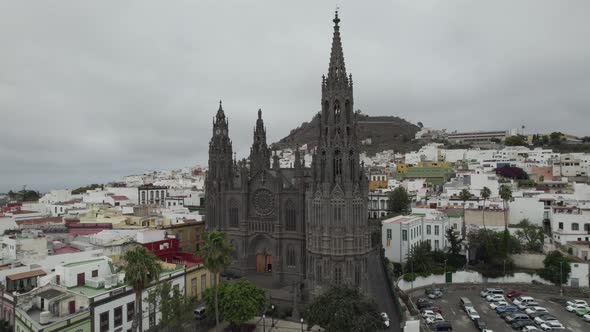 Neo-Gothic cathedral in Parroquia de San Juan Bautista de Arucas, Arucas, Gran Canaria, Spain. Aeria alt