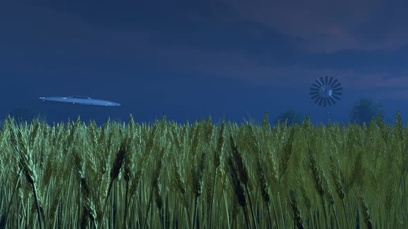 Flying saucer on a reconnaissance mission. Spaceship landing  in the crop field. alt